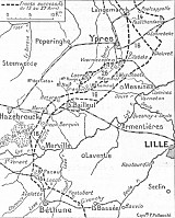 Carte présentant l'avancée allemande dans la vallée de la Lys et dans le secteur d'Ypres entre le 14 et le 27 avril 1918