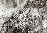 Vue aérienne de la Ligne Hindenburg près de Cambrai. En haut à gauche, le no man's land. Les traits noirs à gauche sont des réseaux de fils de fer barbelé ; les lignes crénelées sont les premières lignes de tranchée.