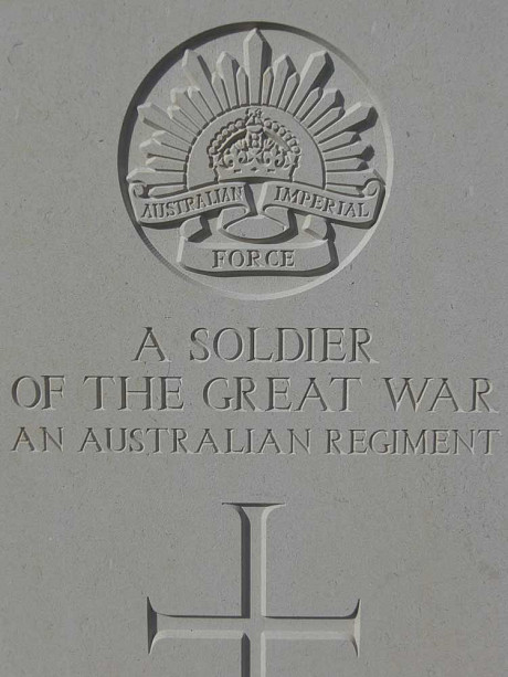 Detail of the stele of an Australian unknown soldier resting at Pheasant Wood Military Cemetery at Fromelles /